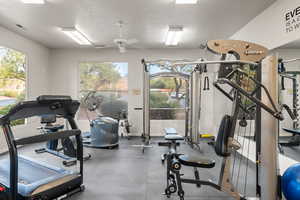 Club House. Workout area with a healthy amount of sunlight, visible vents, ceiling fan, and baseboards