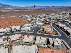 Drone / aerial view with a residential view of Sand Hollow Reservoir