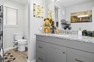 Full bath with baseboards, vanity, toilet, and wood finished floors