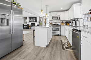 Kitchen featuring stainless steel appliances, light wood-type flooring, a sink, and decorative backsplash