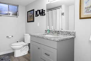 Bathroom featuring toilet, baseboards, wood finished floors, and vanity