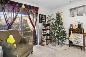 Living area featuring visible vents and carpet flooring