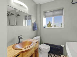 Bathroom with plenty of natural light and copper sink, with vanity above