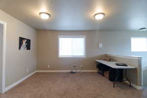 Office space with carpet and baseboards