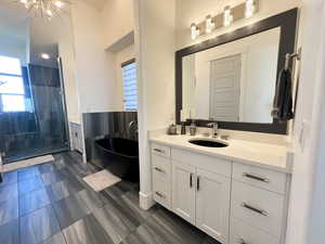 Bathroom featuring a soaking tub, a stall shower, and vanity