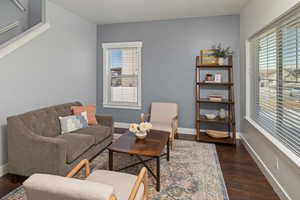 Living room featuring baseboards and dark wood-type flooring