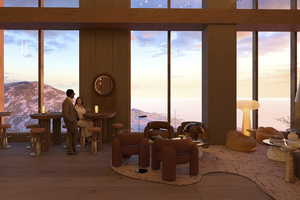 Interior space featuring a wealth of natural light, a wall of windows, wood finished floors, and a mountain view