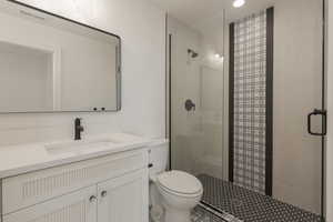 Full bath with toilet, a shower stall, visible vents, and vanity