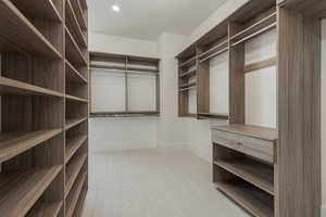 Walk in closet with light carpet