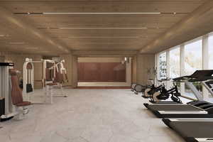 Interior space featuring wooden ceiling and wood walls