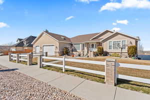 Single story home with driveway, a fenced front yard, a residential view, and stucco siding