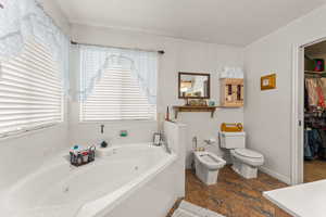 Bathroom with baseboards, toilet, a tub with jets, a spacious closet, and a bidet