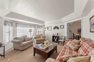 Living room with a tray ceiling, baseboards, a textured ceiling, and light colored carpet