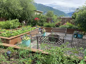 Summer garden and mountain view