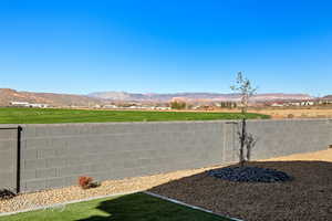 View of yard with a fenced backyard and a mountain view