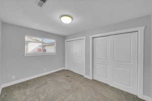 Unfurnished bedroom featuring carpet floors, two closets, visible vents, and baseboards