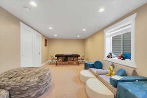 Game room featuring carpet floors, recessed lighting, visible vents, and baseboards