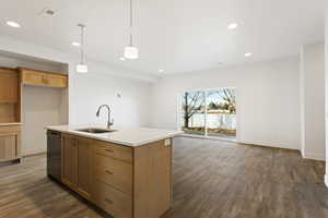 Kitchen with dark wood-type flooring, a sink, visible vents, light countertops, and dishwasher