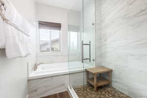 Bathroom featuring a shower stall and a bath