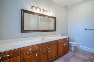 Bathroom with toilet, baseboards, visible vents, and vanity