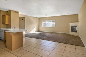 Kitchen with light carpet, a fireplace, open floor plan, and a sink