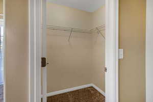 Walk in closet with dark colored carpet