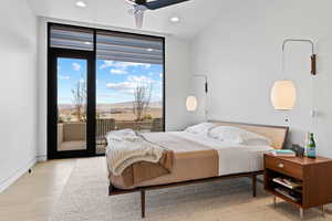 Bedroom featuring access to outside, baseboards, light wood finished floors, and recessed lighting