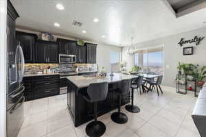 Kitchen featuring dark cabinets, stainless steel appliances, a sink, visible vents, and light countertops