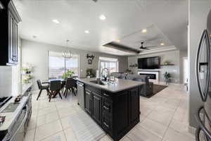 Kitchen with a fireplace, a sink, dark cabinetry, appliances with stainless steel finishes, and a raised ceiling