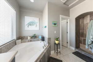 Bathroom featuring walk in shower and a garden tub