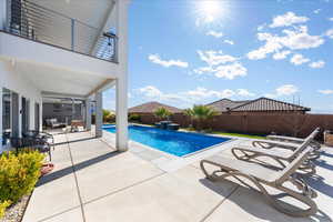 View of pool with a patio area, a fenced backyard, and a fenced in pool