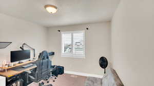 Office featuring carpet floors and a textured ceiling