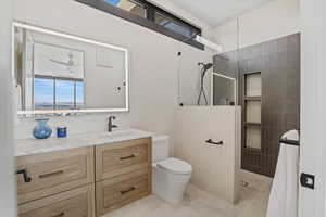 Full bathroom featuring a walk in shower, toilet, and vanity