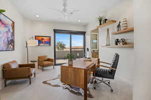 Office with light tile patterned floors, baseboards, a ceiling fan, and recessed lighting