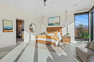 Bedroom with baseboards, ceiling fan, visible vents, and recessed lighting