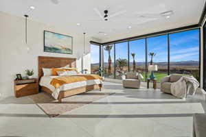 Bedroom with recessed lighting, visible vents, a mountain view, and ceiling fan