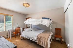 Carpeted bedroom featuring baseboards, a textured ceiling, and baseboard heating