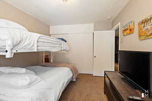 Bedroom with light carpet, a textured ceiling, and a closet