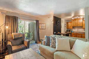 Living room with a textured ceiling