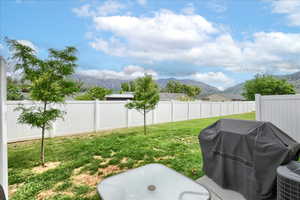 View of yard featuring a fenced backyard and a mountain view