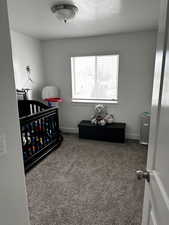 Bedroom with carpet floors, baseboards, and a crib