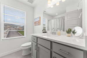 Full bath with toilet, vanity, visible vents, and baseboards