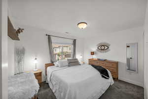 Carpeted bedroom with baseboards and visible vents