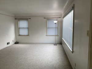 Carpeted spare room with baseboards and visible vents
