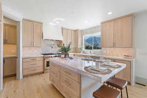 Kitchen with a breakfast bar area, light brown cabinets, premium range hood, a sink, and high end stainless steel range oven