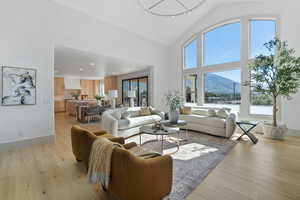 Living room featuring a healthy amount of sunlight, light wood finished floors, and a mountain view