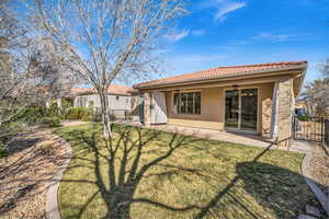 Back of house featuring ceiling fan, a patio, a lawn, and fence