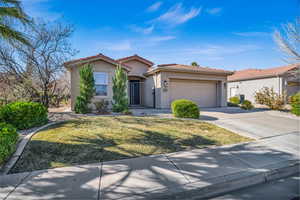 View of front facade with driveway, a garage, a tile roof, a gate, and stucco siding