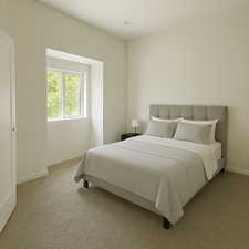 Bedroom with carpet flooring and baseboards with virtual staging