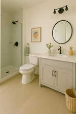 Bathroom with vanity and a stall shower with virtual staging